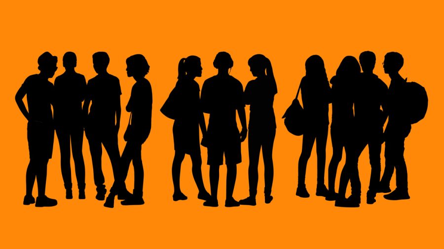 black silhouettes of three groups of different teen people standing and talking to each other