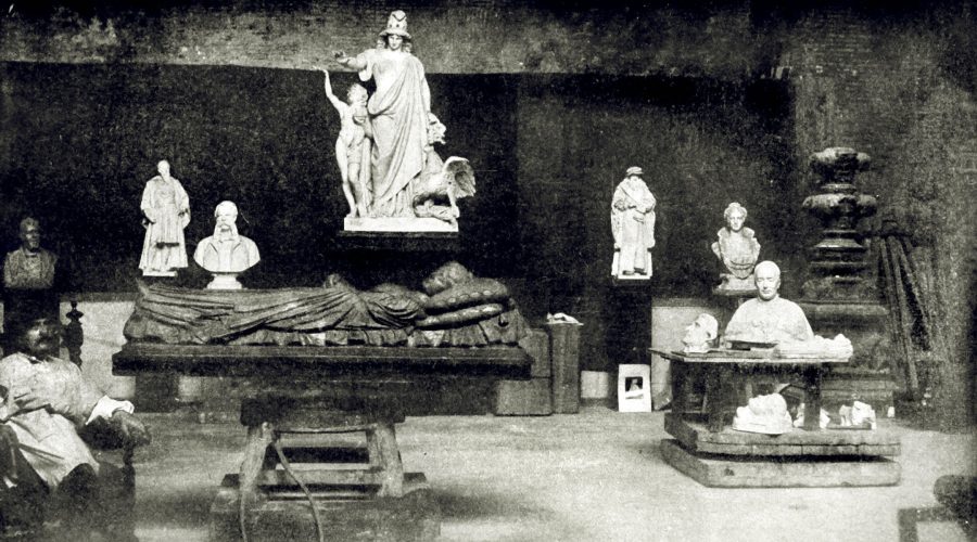 Jewish sculptor Moses David Ezekiel (left) in his Rome studio with his statue Religious Liberty (back center), 1909. A planned Princeton University exhibit of Jewish American artists in 2022 was to feature Ezekiel and a statue based on Religious Liberty, but was scrapped owing to his lifelong support of the Confederacy. (Public domain)
