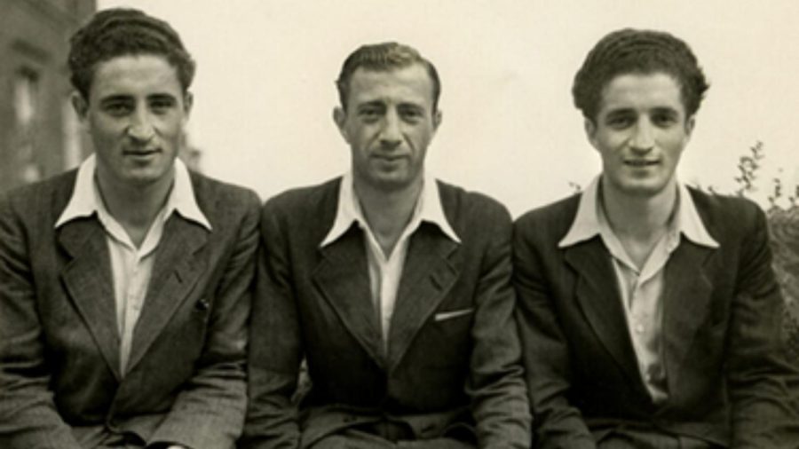 From the left: Moishe (Morris), Mailekh (Marcel), and Khil (Harry) Lenga in either Rome or Stuttgart, circa 1945. Lenga family collection.