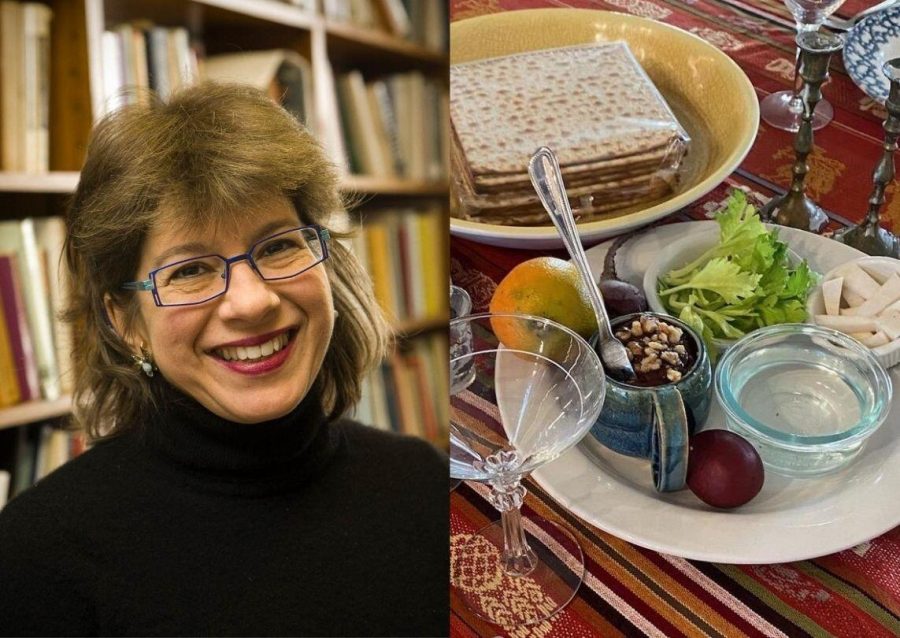 (L) Susannah Heschel, who created the ritual of putting on orange on the seder plate in the 1980s. Photo courtesy of Susannah Heschel. (R) Janice Stieber Rous seder plate. Photo courtesy of Janice Stieber Rous. 