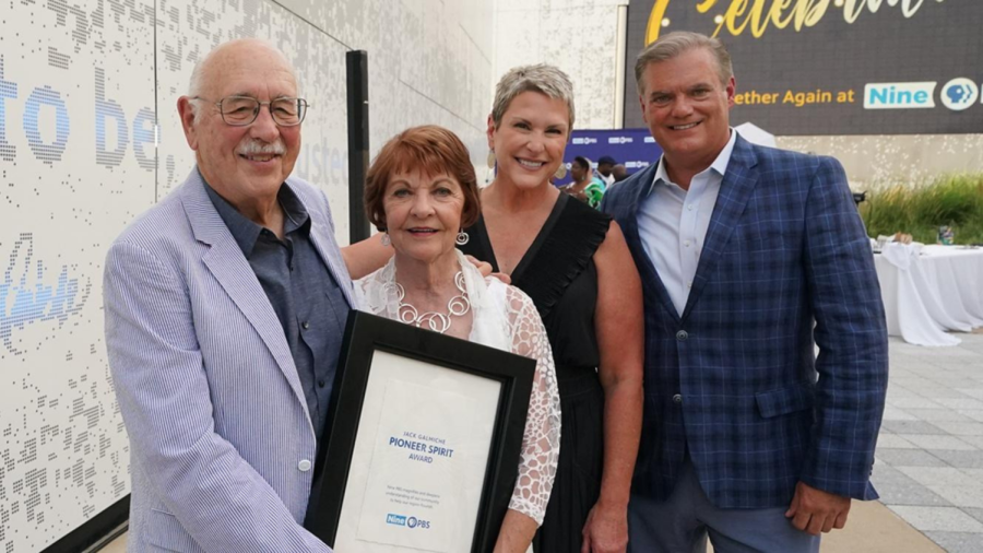 Harvey and Judy Harris (from left) receive the 2022 Jack Galmiche Pioneer Spirit Award from Amy Shaw (second from right), Nine PBS president and CEO, and Mark Lindgren (far right), immediate past chair of the board of directors, at Nine PBS’s Midsummer Celebration in the Public Media Commons on June 24. 
