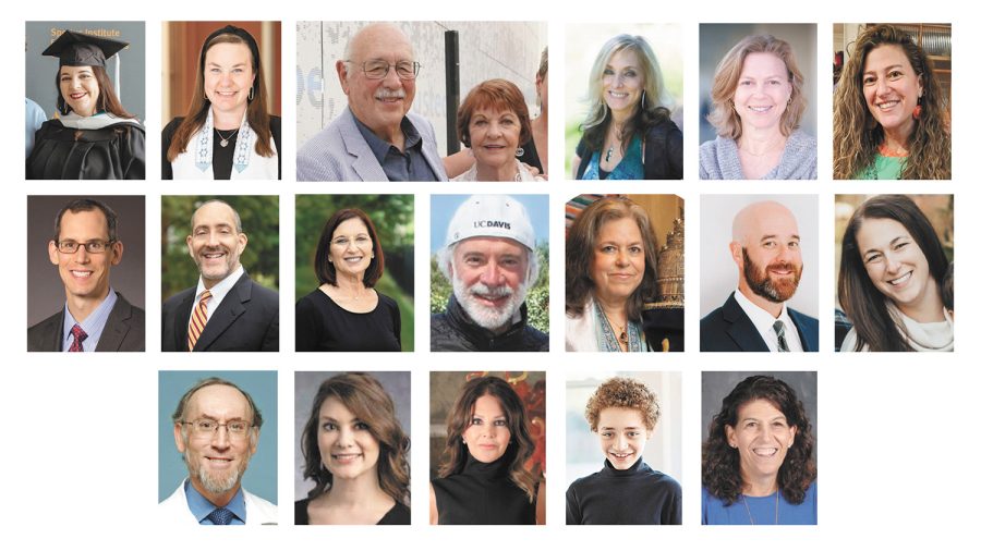 TOP ROW, FROM LEFT: Laura Wildman, Rabbi Rachel Bearman, Harvey & Judy Harris, Leslie Wolf, Hedva Barenholtz Levy and Shelley Hoffman Dean. SECOND ROW: Dr. Dan Cohen, Clifford L. Tager, Jody Waldman, Ron Rubin, Rabbi Lynn Goldstein, Rabbi Andrew Terkel and Hannah Rubin Schlansky. THIRD ROW: Dr. Daniel Goldberg, Stacy G. Blum, Faith Berger, Yosef Granillo and Mindy Grossmann.
