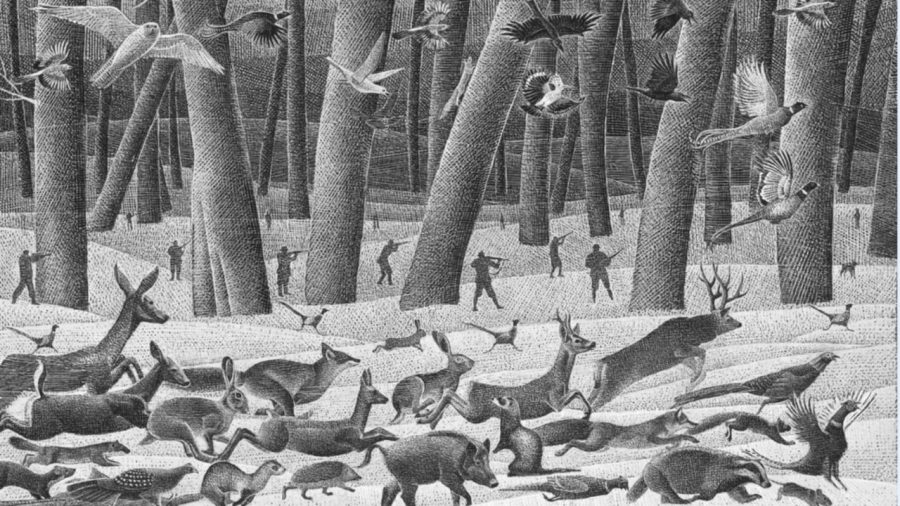 Forest animals flee hunters in “The Original Bambi.” Illustration by Alenka Sotler