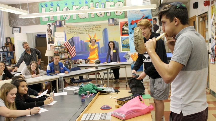 In a 2017 file photo, David Feit Mann, then a sophomore at Yeshiva Kadmiah High School, closed a Student to Student presentation for an AP English class at Affton High School by explaining how a ram’s horn is used in Judaism. Photo: Eric Berger