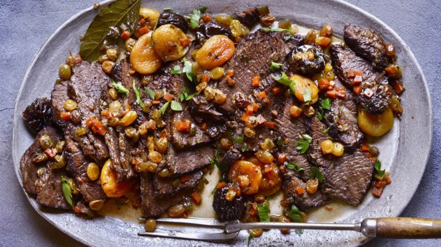 Aunt Annette's Holiday Brisket with sweet wine and dried fruits