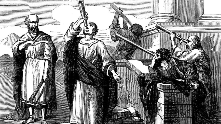 Engraving of astronomers looking at the sky. (iStock)