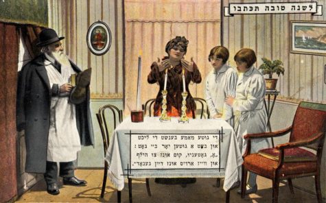 Postcard with a family of four gathered around a table saying prayers wearing white garments. 

Courtesy of the Jewish Museum London
