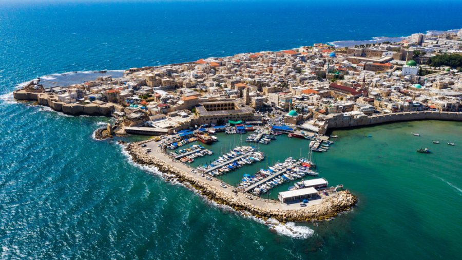 An aerial photo of Akko and its marina. Photo by Shadi Halaby, Shutterstock