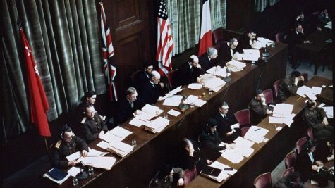 View of the judges’ bench at the Nuremberg Trials, 1945–1946. United States Holocaust Memorial Museum, courtesy of National Archives and Records Administration, College Park.