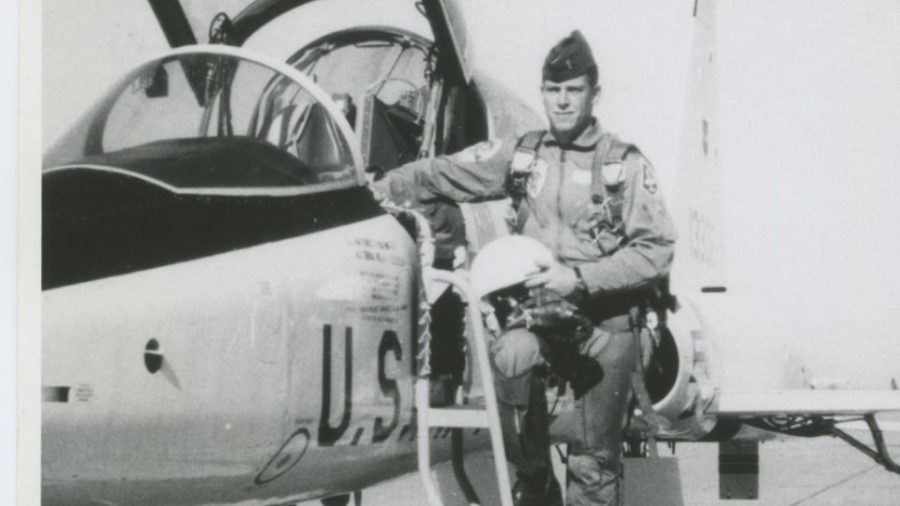 Richard D. Chorlins on the ladder of a U.S. Air Force jet. 