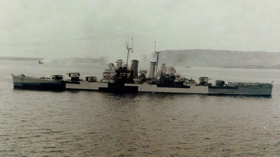 USS St Louis (CL-49) bombarding Guam, July 1944.