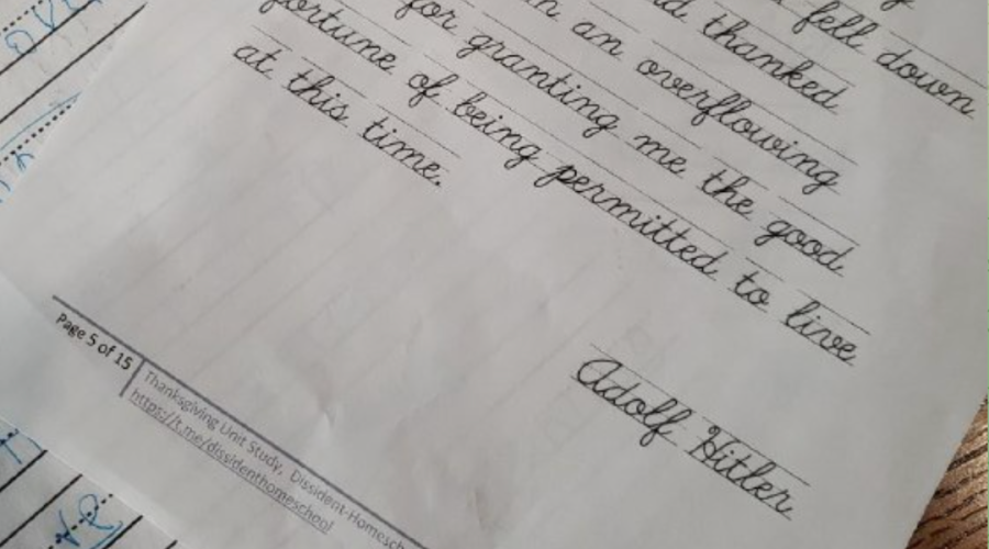 A lesson plan shared by the creator of the neo-Nazi group Dissident Homeschool Network, in which children learn cursive by copying a Hitler quote, Nov. 22, 2022. (Screenshot via Telegram)