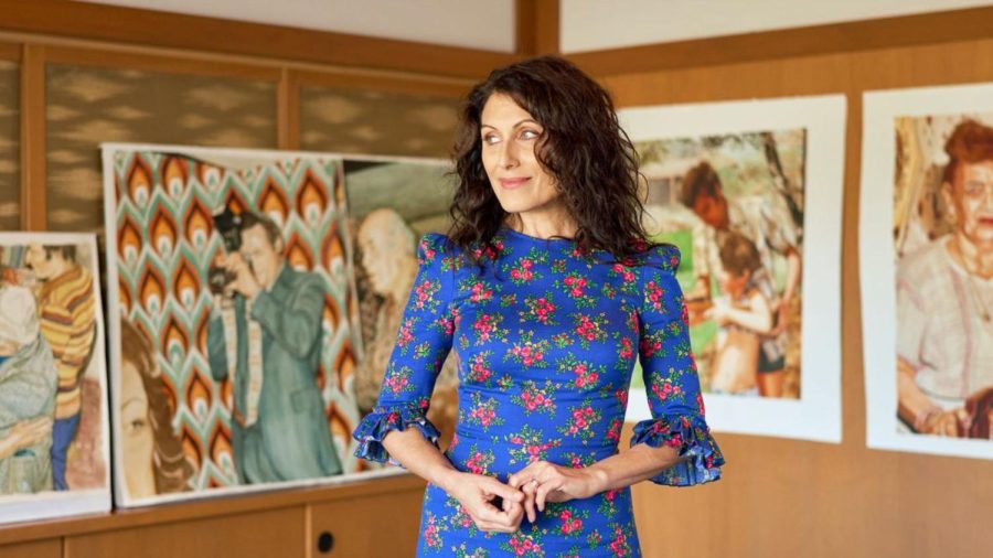 Lisa Edelstein, shown in a studio with some of her works, is known for playing Jewish characters on TV. (Holland Clement)