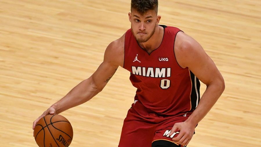 Dec 25, 2020; Miami, Florida, USA; Miami Heat center Meyers Leonard (0) dribbles the ball against the New Orleans Pelicans during the second half at American Airlines Arena. Mandatory Credit: Jasen Vinlove-USA TODAY Sports