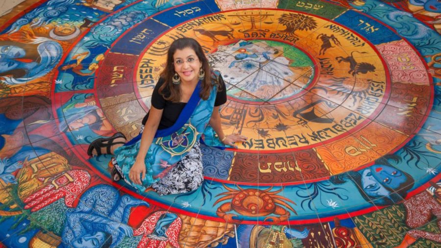Indian-Jewish artist Siona Benjamin spent more than a year working on a painting that would be transformed into a 15-foot wide circular mosaic installed in the floor at Central Reform Congregation. Benjamin returns to CRC Feb. 3-4 for a Spiritual Enrichment Shabbat Weekend. Photo: Kristi Foster
