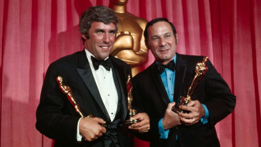 Composer Burt Bacharach (left) and lyricist Hal David hold Oscars they won for Raindrops Keep Falling on My Head from Butch Cassidy and the Sundance Kid, at the Academy Awards, April 7, 1970. (Bettmann/Getty Images)