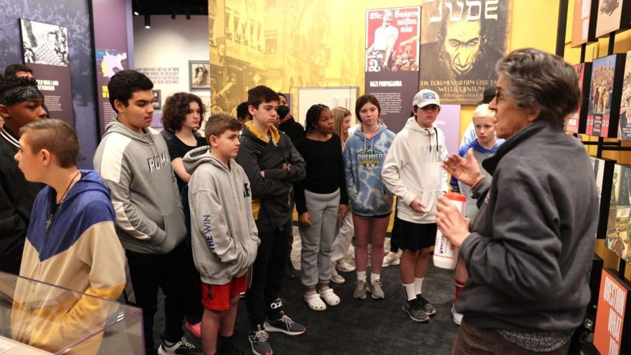 Docent Vera Emmons leads Ladue Middle School students on a tour of the St. Louis Kaplan Feldman Holocaust Museum earlier this month. 
Photo: Bill Motchan