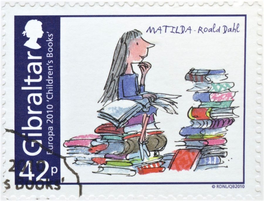 A stamp printed in Gibraltar shows the character Matilda from the Roald Dahl, books series, Europa Children’s Books, 2010. Credit: Shutterstock.

