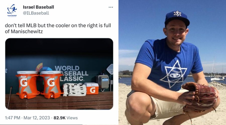 Avi Miller, right, ran Israel Baseballs Twitter account during the 2023 World Baseball Classic. (Left: Screenshot from Twitter, Right: Courtesy)