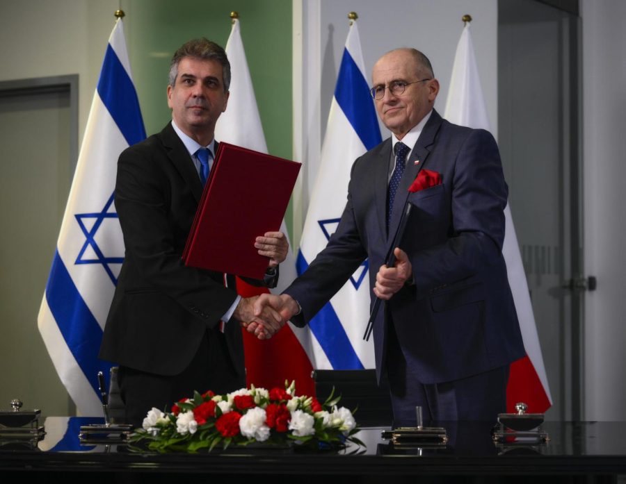 Israeli Foreign Minister Eli Cohen, left, meets with Polish Foreign Minister Zbigniew Rau in Warsaw, March 22, 2023. (Jaap Arriens/NurPhoto via Getty Images)