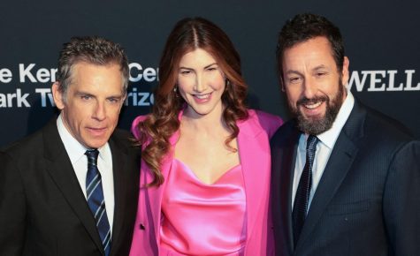 Adam Sandler, far right, and his wife Jackie Sandler pose with actor Ben Stiller as they arrive for the 24th Annual Mark Twain Prize for American Humor at the John F. Kennedy Center for the Performing Arts in Washington, DC, on March 19, 2023. (Oliver Contreras/AFP)