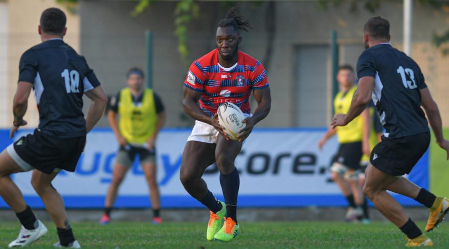 Gabriel Ibitoye of the Tel-Aviv Heat during the Rugby Europe Super Cup on Oct. 16, 2021 in Tbilisi, Georgia. (Levan Verdzeuli/Getty Images)