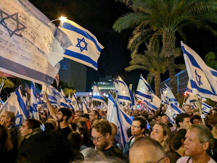 A Tel Aviv protest at the start of Yom Haatzmaut, Israels Independence Day, featured a sea of flags, April 25, 2023. (Photo: Ben Sales)