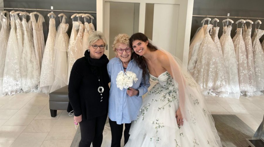 Pictured left to right: Nancy Aucone, Hedda Kleinfeld Schachter, and granddaughter Chloe Schachter at the Wedding Salon of Manhasset. (Courtesy Ilana Schachter)