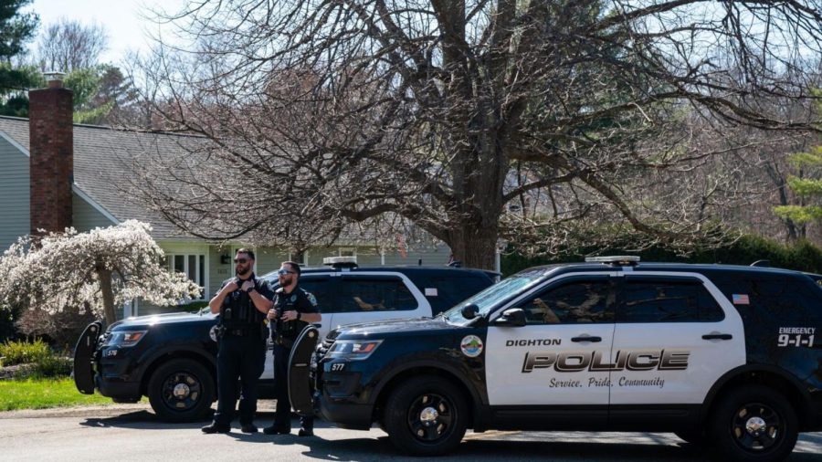 Dighton police cars block Maple Street in North Dighton, Mass., half a mile from the house where Airman Jack Teixeira was arrested for sharing classified documents, April 13, 2023. (Kylie Cooper for The Washington Post/Getty Images)