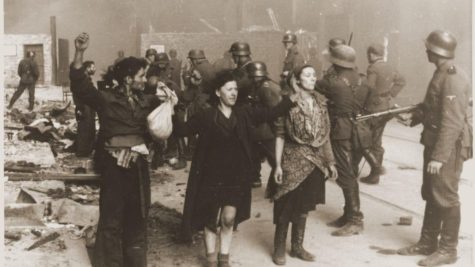 Jewish resistance fighters who were captured by SS troops during the Warsaw ghetto uprising. Warsaw, Poland, April 19-May 16, 1943. 

 The original German caption reads: These bandits offered armed resistance. United States Holocaust Memorial Museum, courtesy of National Archives and Records Administration, College Park