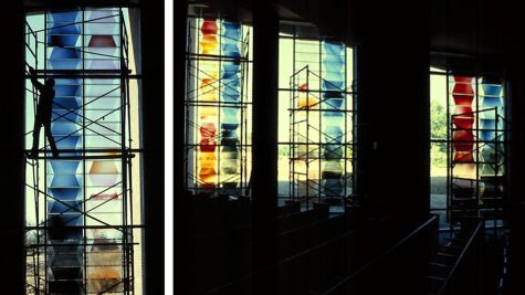 Photos from 1980 showing the construction of the Chihuly stain-glass windows at Shaar Emeth.