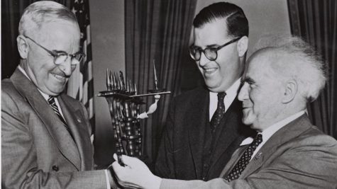 President Harry Truman, left, meeting with Israel’s Ambassador to the U.S. Abba Eban, center, and Israeli Prime Minister David Ben-Gurion during their visit to the states in Jan. 1951. (Israel Government Press Office)