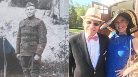 From left: Army Sgt. William Shemin. Stacy Wolff Smart and her father, Alan Wolff, at a derby-themed event at United Hebrew Congregation, where he was being honored.  Family photo