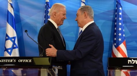 Then-Vice President Joe Biden, left, and Israeli Prime Minister Benjamin Netanyahu shake hands while giving joint statements at the Prime Minister's Office in Jerusalem, March 9, 2016.