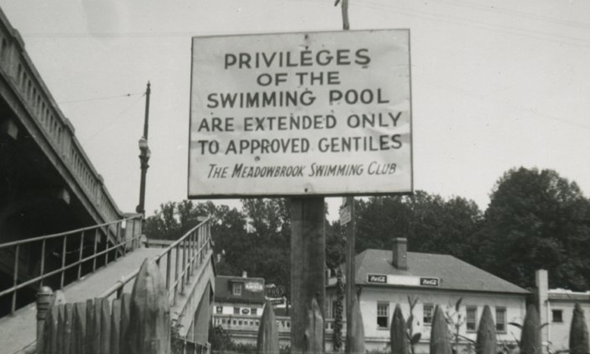 A sign posted outside Meadowbrook, a privately owned swimming club in Baltimore City, ca. 1942-1944. (Jewish Museum of Maryland)