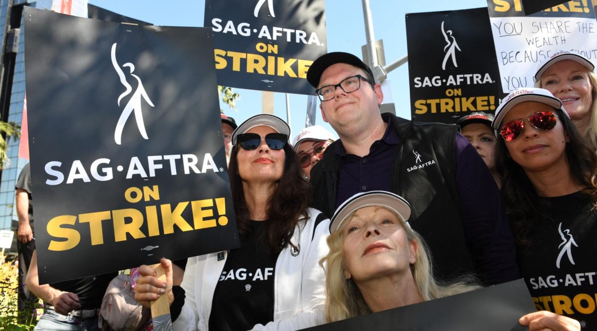 SAG-AFTRA president Fran Drescher and chief negotiator Duncan Crabtree-Ireland join protestors on strike in Los Angeles on July 14, 2023. Photo: Valerie Macon/AFP via Getty Images