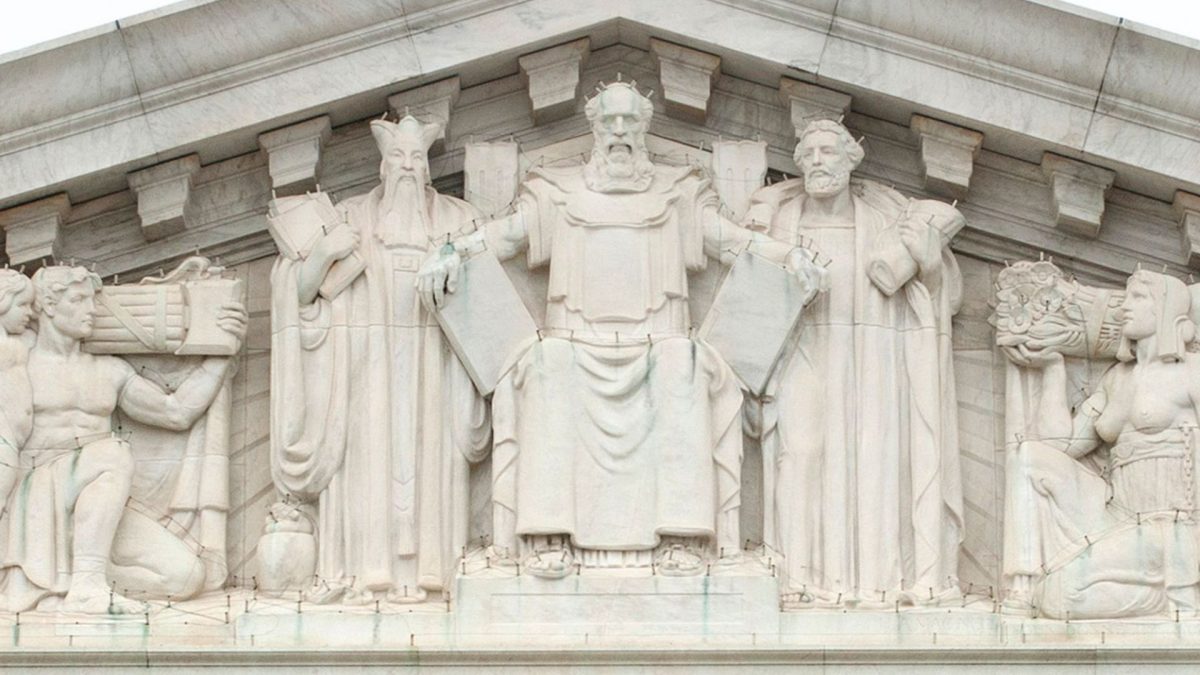 A carving of Moses receiving the Ten Commandments on the facade of the U.S. Supreme Court building in Washington, D.C. (Steve Petteway/Collection of the Supreme Court of the United States)