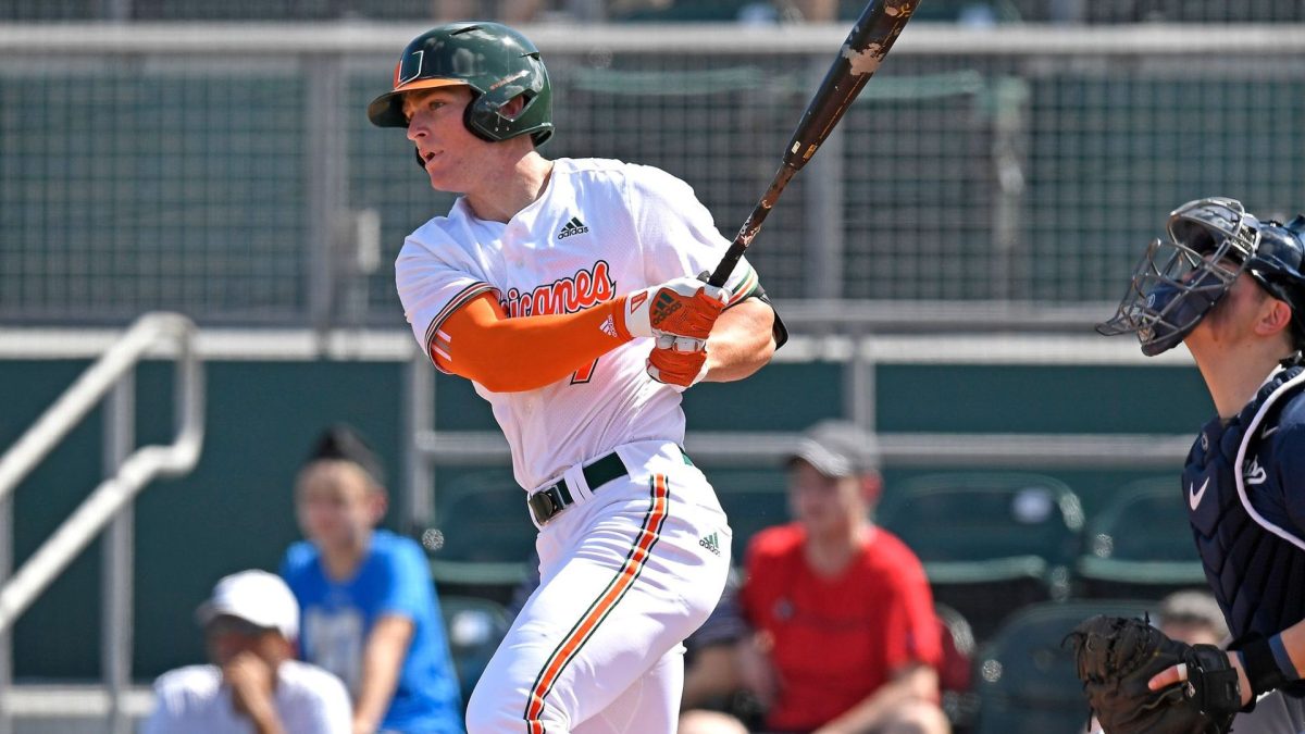 Zach Levenson singles to left field as the Miami Hurricanes faced the Penn State Nittany Lions, Feb. 19, 2023, in Coral Gables, Florida. (Samuel Lewis/Icon Sportswire via Getty Images)