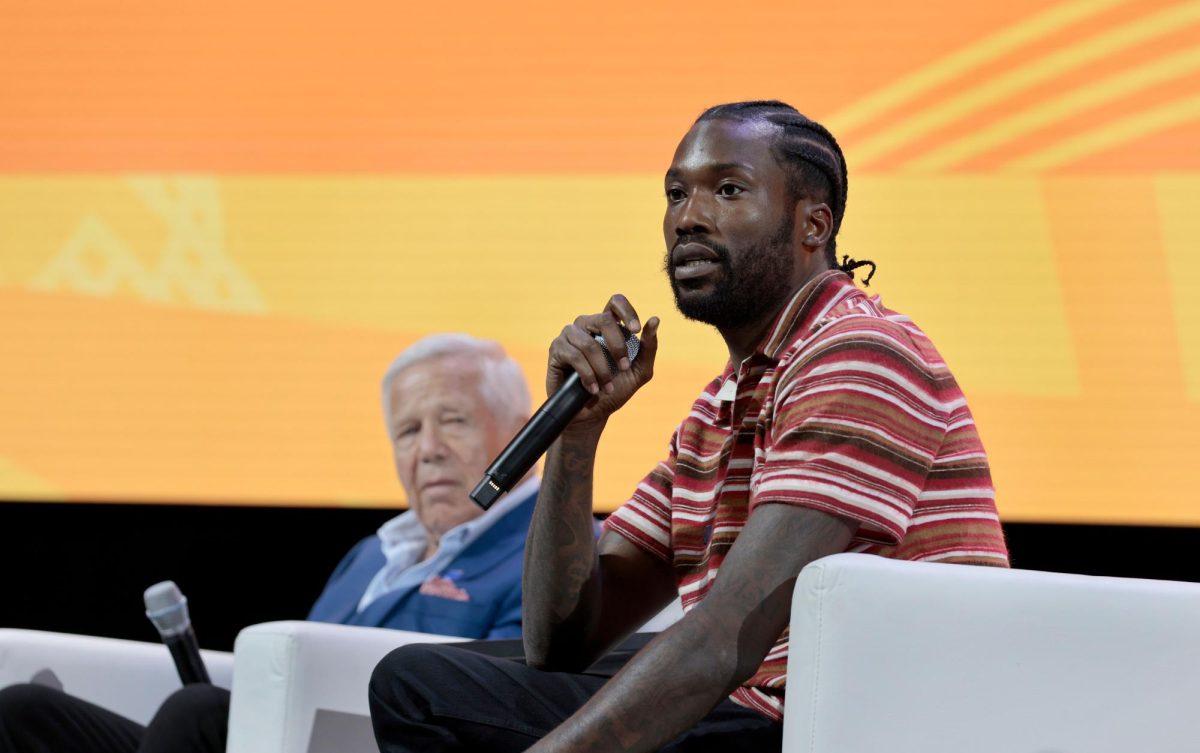 New England Patriots owner Robert Kraft, left, and rapper Meek Mill spoke on a panel about combating antisemitism and racism at the annual NAACP convention in Boston, July 30, 2023. (Pat Greenhouse/The Boston Globe via Getty Images)