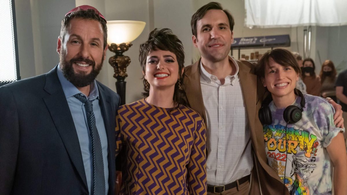 Adam Sandler, Sarah Sherman and Dan Bulla with director Sammi Cohen on the set of You Are So Not Invited to My Bat Mitzvah on Netflix. 
