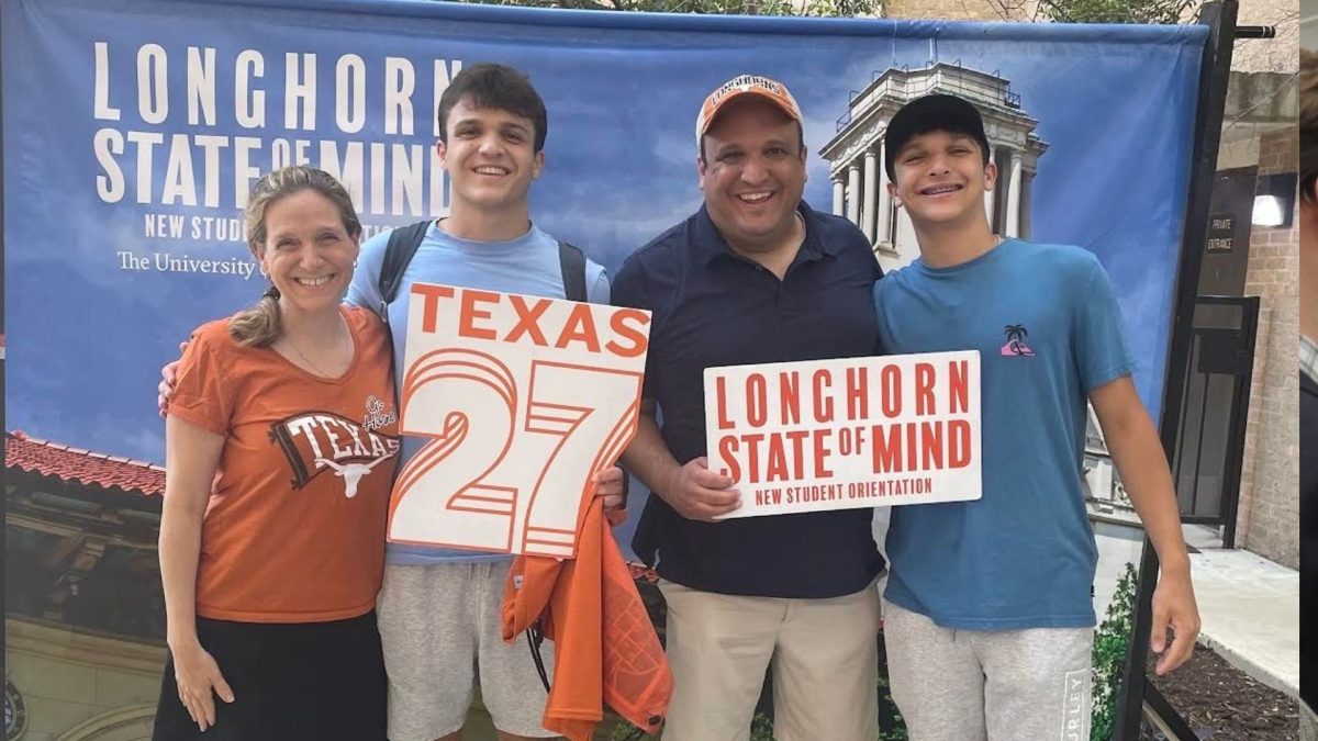 Rabbis Dave Levy and Rachel Ain and their two sons, Jared and Zachary, at the University of Texas, where Jared is a member of the class of 2027. (Courtesy)