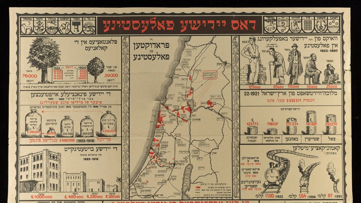 Map of Jewish Palestine showing the growth of Jewish agricultural, commercial, and industrial activity in the region. Berlin, 1923. 
