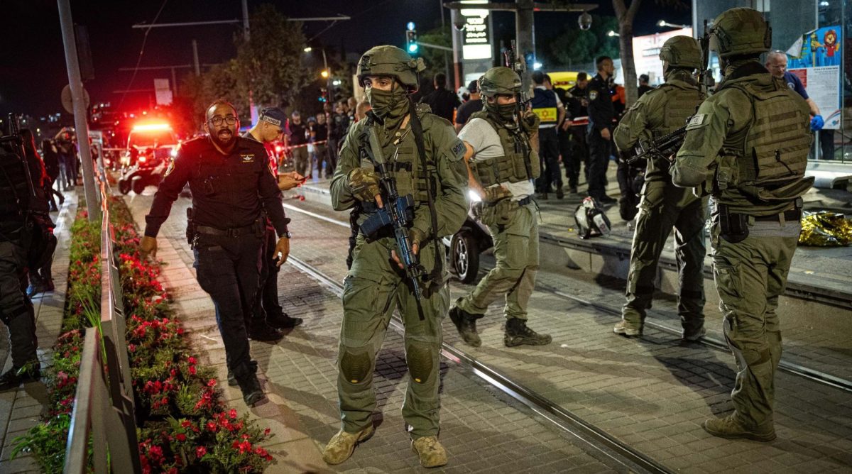 Police at the scene of a stabbing at the Shivtei Israel light rail station in Jerusalem, Aug. 30, 2023.