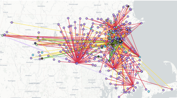 A map of purported connections between Jewish groups and other organizations in Massachusetts created by progressive activist group The Mapping Project, which says its goal is to map institutional support for the colonization of Palestine. The Mapping Project was the most prominent example of campus anti-Israel activity the Anti-Defamation League cited in its survey of such activity in 2022-23. 