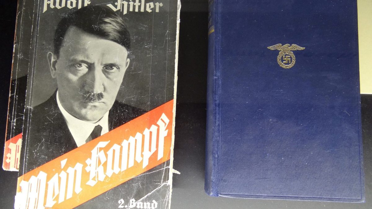 A display of copies of Adolf Hitler's book “Mein Kampf.” Source: Wikimedia Commons.