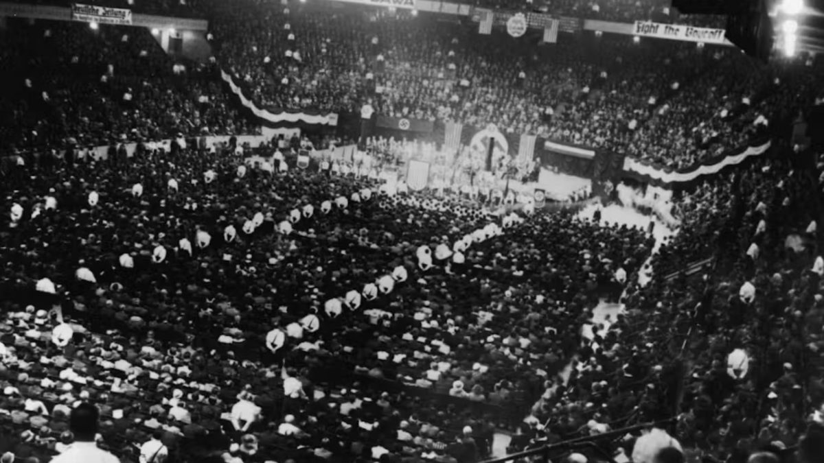 Thousands of people attend a pro-Nazi rally at Madison Square Garden in New York in May 1934, with counterprotestors outside.
