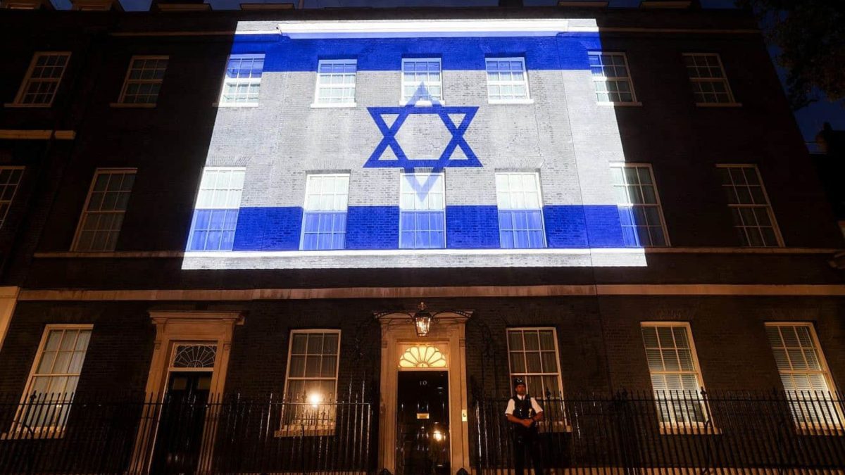 The Israeli flag is projected onto 10 Downing Street, residence of the British prime minister, on Oct. 8, 2023. 