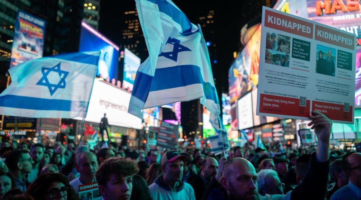 In Times Square, thousands of Israel supporters demand the release of hostages held by Hamas on Oct. 19, 2023. 
