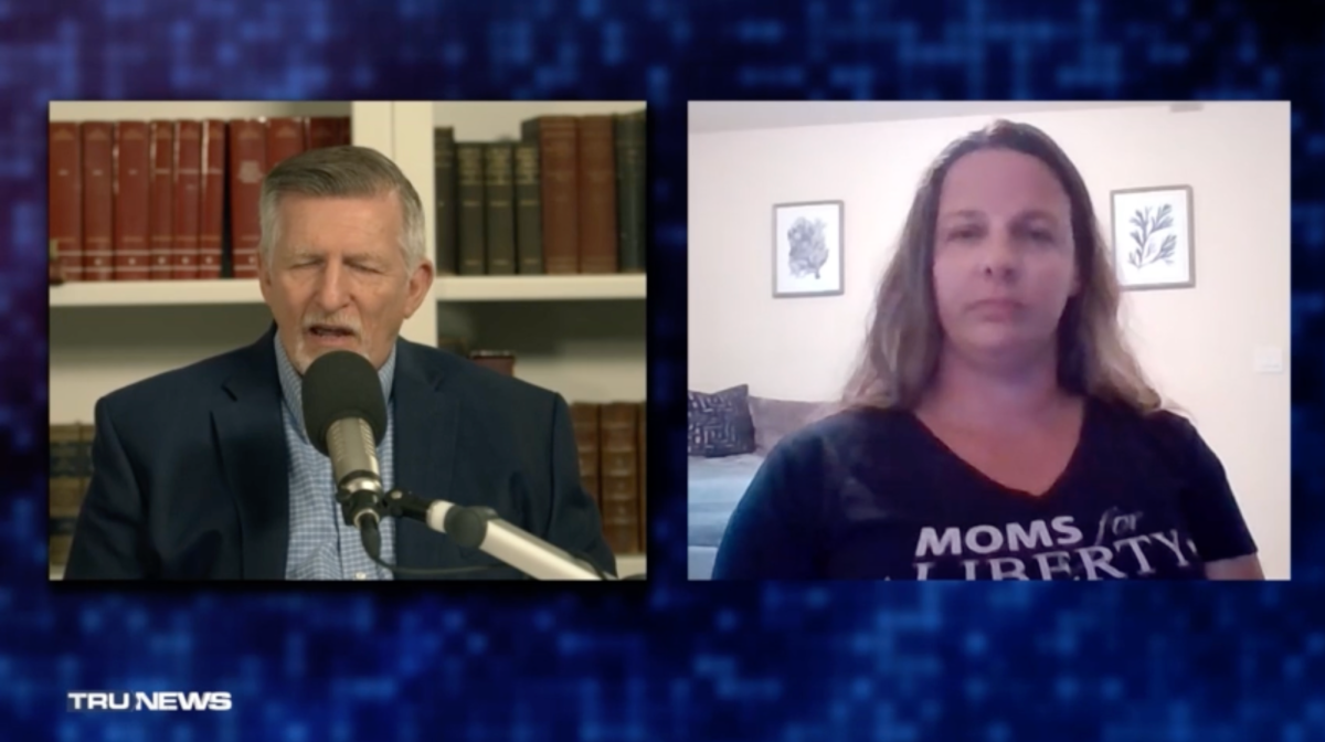 Moms For Liberty local chair Jen Pippen (right) appeared on an episode of TruNews, hosted by the antisemitic conspiracy theorist Rick Wiles (left), months after successfully pushing her school to ban a graphic adaptation of Anne Franks diary, September 2023. 