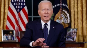 U.S. President Joe Biden addresses the nation from the Oval Office of the White House, Oct. 19, 2023. 